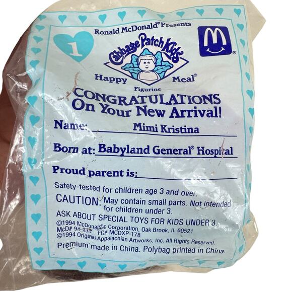 New In Package Vintage McDonald's 1994 #1 Cabbage Patch Kids Mimi Kristina - Picture 2 of 3